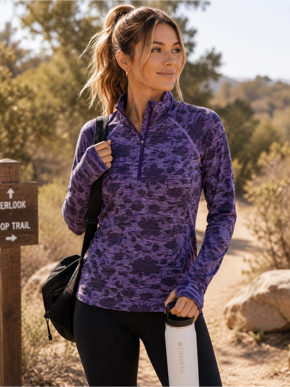 Athleta Momentum 1/4 Zip Top Purple Floral Print UPF 50 Sun Protection Women XL